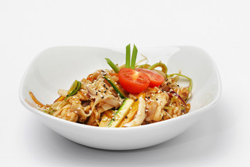 Pasta food with tomatoes in white plate