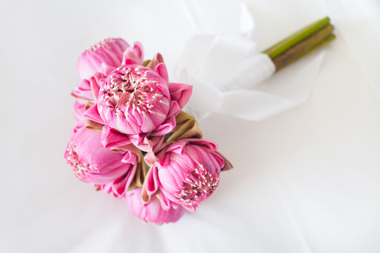 Beautiful bouquet of lotuses set for wedding day