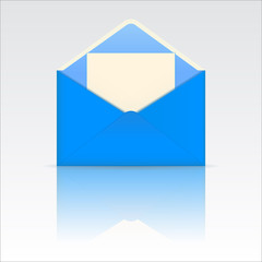 Open blue envelope with blank paper with reflection