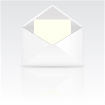 Open white envelope with blank paper with reflection