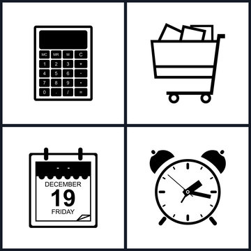 Set of Shopping Icons , Budgeting , Isolated,  Cart , Basket for Purchases  , Leaf of a Calendar, Calculator, Alarm Clock, Vector Illustration