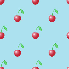 Summer vector seamless pattern with red cherries on the light blue background.