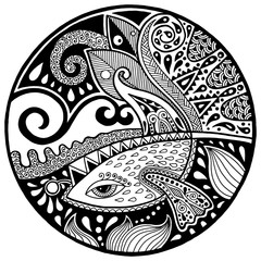 Black white abstract zendala with fish and waves on circle