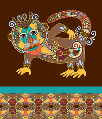 folk ethnic animal - monkey with seamless geometry vintage patte