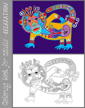 coloring book page for adults with unusual fantastic creature