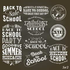 Back to School Design Collection. A set of vintage style Back to School sale and party on Black Chalkboard Background