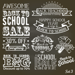 Back to School calligraphic label set on chalkboard. School sale sign retro style