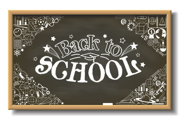 School chalkboard with back to school text and whit different educational elements on blackboard