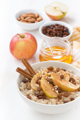 oatmeal with apples, raisins, cinnamon and ingredients on white