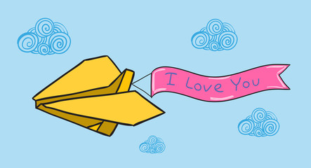 Vector doodle paper plane with banner. I love you tag