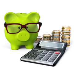 Green piggy bank with calculator, glasses and coin stacks