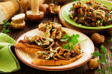 Bruschetta with roasted wild mushrooms.