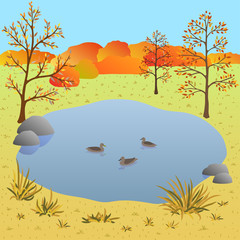 Flate autumn landscape, lake with ducks, vector illustration - 89272143
