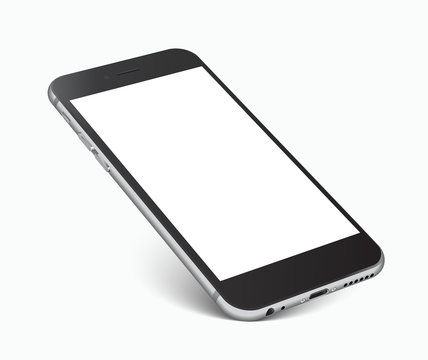 Smartphone with blank screen standing on corner, isolated on white background