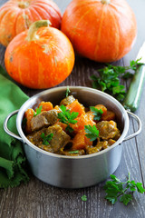Yellow curry with pumpkin and pork.