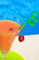glass of juice and a cherry on a green plate