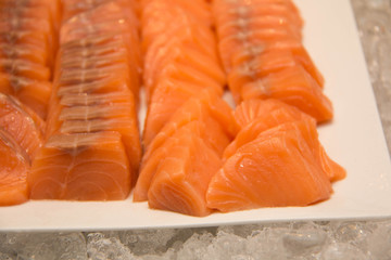 Fresh Salmon Slice on white plate.