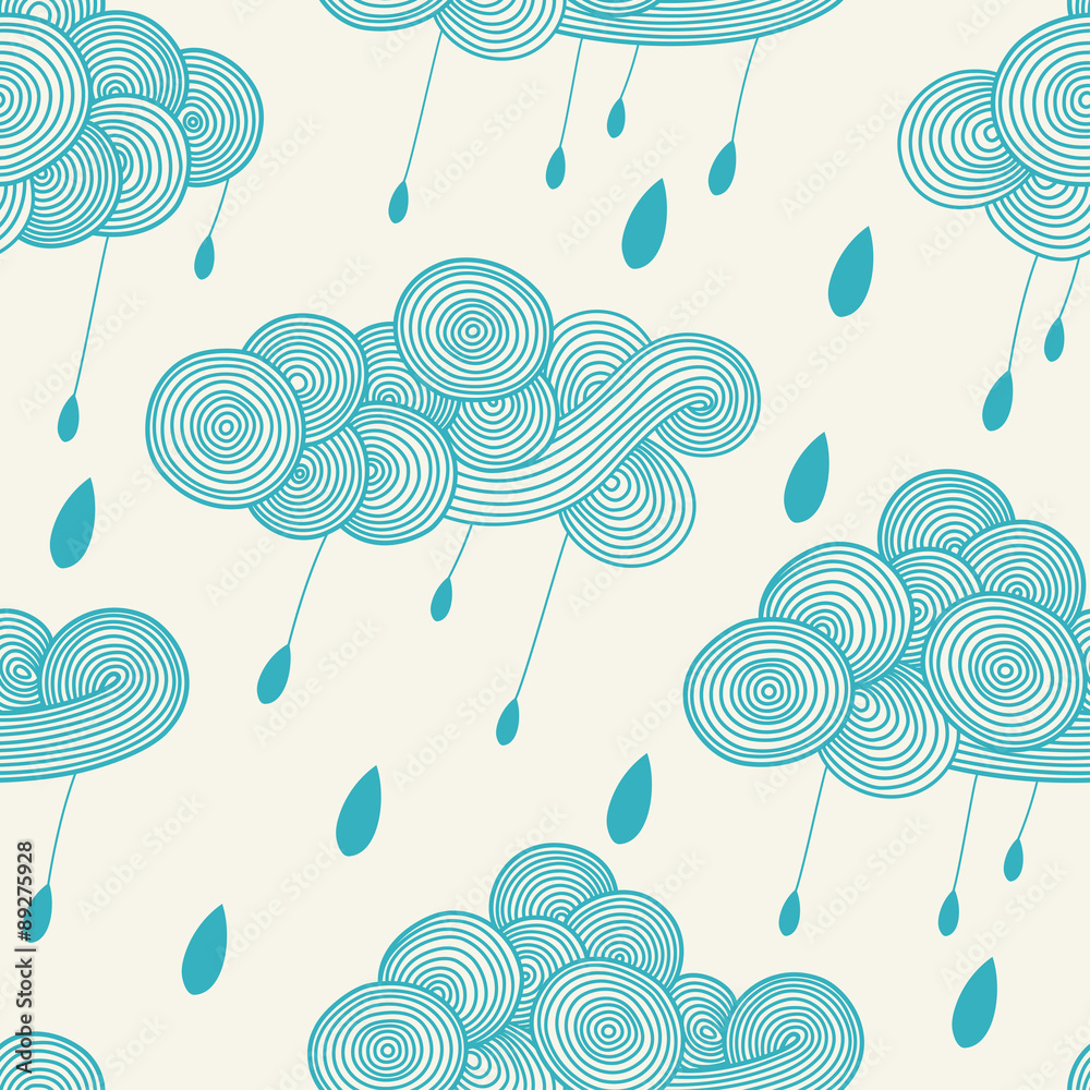 Fototapete Abstract hand-drawn wavy cloud with raindrops. Vector seamless pattern. Can be used for textile design, web page background, surface textures, wallpaper
