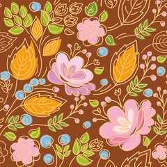 Seamless pattern, contour, pink flowers, yellow leaves, blue berries, brown background. 
