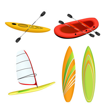 Sport boat red rafting yellow kayak orange green surfboard windsurfing isolated illustration vector