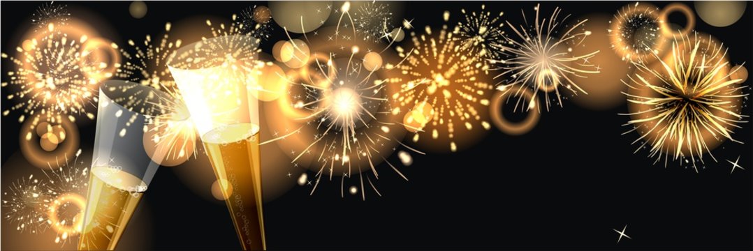 Hintergrund mit Feuerwerk und Sektgläser