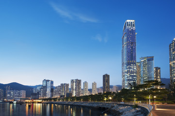 Sea side promenade of Hong Kong city at dusk