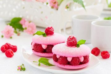 French makarons cake with raspberries.