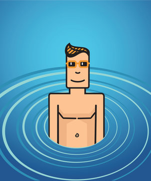 Man in a swimming pool. Man in a water. Around him, the ripples on the water.