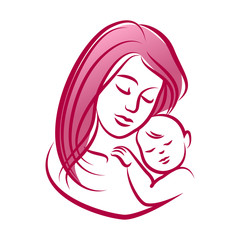 Mother with her baby, outline vector silhouette.