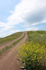 Steppe dirt road towards a hill top against a blue sky