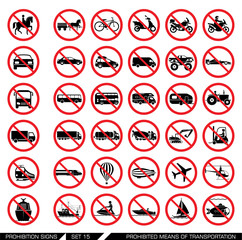 Set of prohibition signs for different means of transportation. Collection of signs that ban usage of certain means of transportation. Transportation icons.