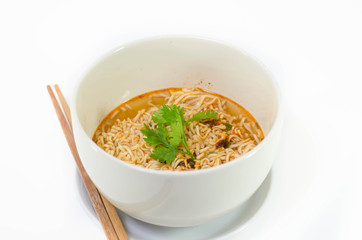 Tasty instant noodles in bowl isolated on white
