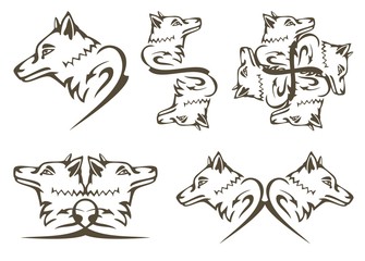 Tribal wolf symbols. Predator wolf head tattoos