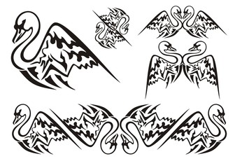 Vector tattoo style swan symbols. Tribal swan symbols and swan stripe. Black on the white