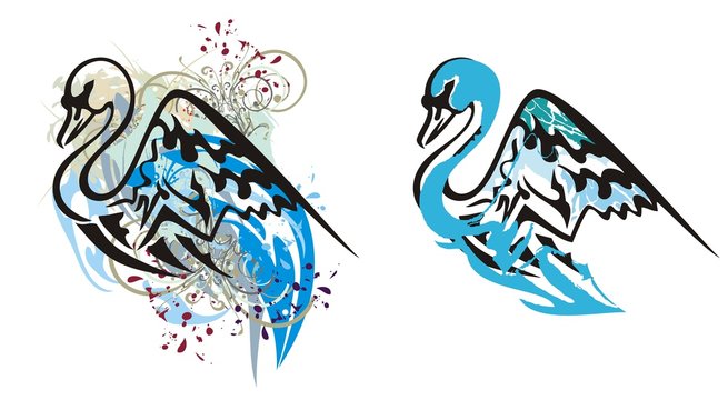Swan splashes. Grunge swan with open wings. Two options