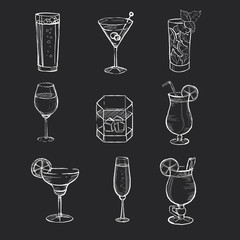 Set of different hand drawn beverages on the blackboard. Vector