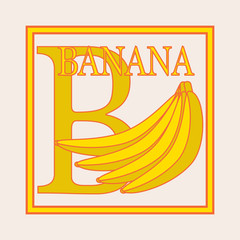 B - banana, Alphabet. English capital letter B. Vector flat illustration of banana branch. Educational card. Flashcard letter B.