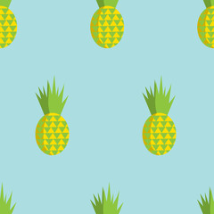 Vector summer seamless pattern with pineapples soft blue background. Flat illustration of tropic fruits.
