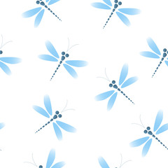 Vector seamless pattern with blue dragonflies on the white background