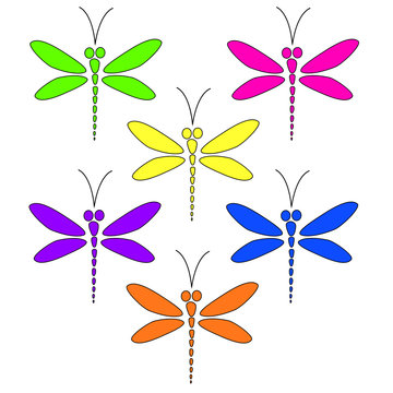 Vector dragonflies of different bright colors on the white background