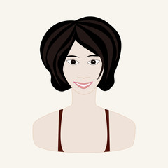 Vector illustration of girl with black hair and pale skin. Face of young woman. Winter seasonal color.