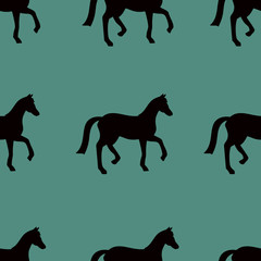 Green vector seamless pattern with black horses silhouettes
