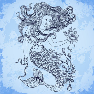 Mermaid with beautiful hair, flowers and buds. Tattoo art. Retro banner, invitation,card, scrap booking, t-shirt, bag, postcard, poster.Highly detailed hand drawn vector illustration