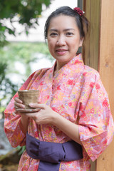 Asian woman wearing yukata in onsen series