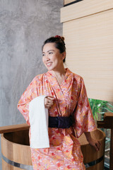 Asian woman wearing yukata in onsen series
