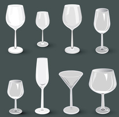 Set of glass wine glasses and champagne for a party
