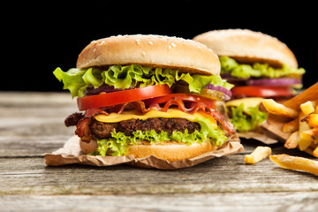 Delicious hamburger and fries
