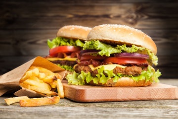 Delicious hamburger and fries