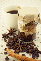 coffee beans and sugar in the bottle in vintage color style
