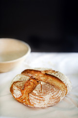 Loaf of sourdough bread, scored and freshly baked in oven
